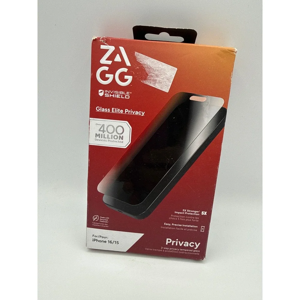 Zagg Glass Elite Privacy iPhone 16/15 OS Clear New‎ Screen Protector 5X Stronger